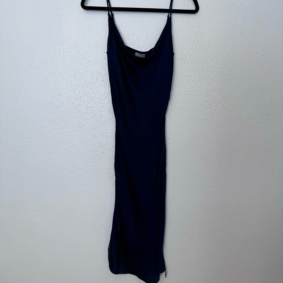Wilfred Only Aritzia Ruched Navy Blue Slip Satin Dress Sz. SMALL - Picture 5 of 13